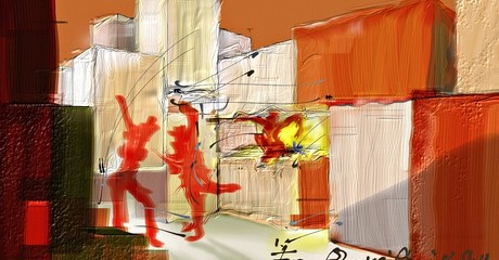 A concept sketch of the immersive dance installation by Israeli industrial artist and architect Ron